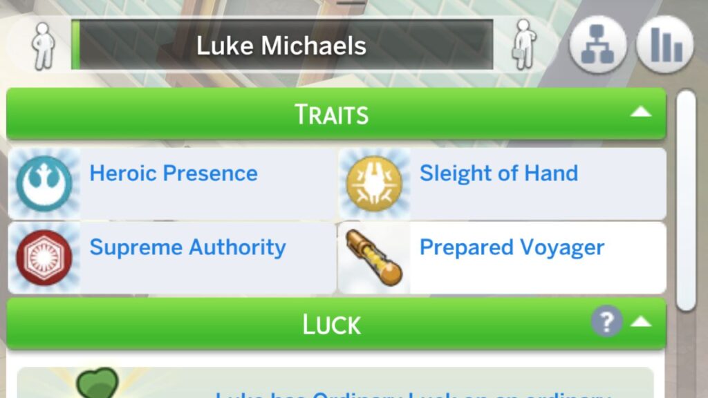 A screenshot from The Sims 4 showing a sim with all four journey to batuu traits. 