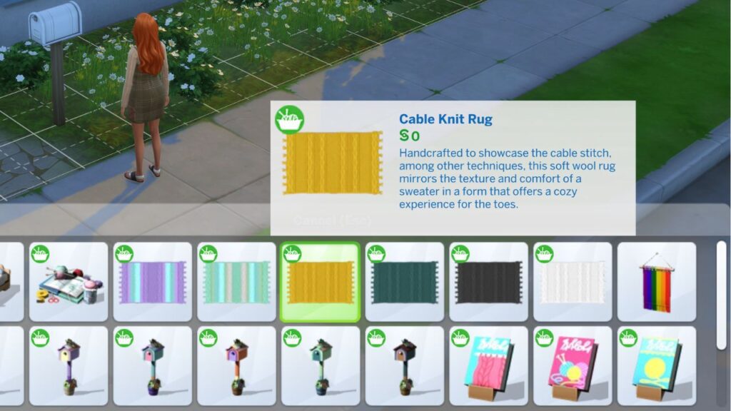 A screenshot from The Sims 4 showing a cable knit rug in build mode from using nifty knitting cheats