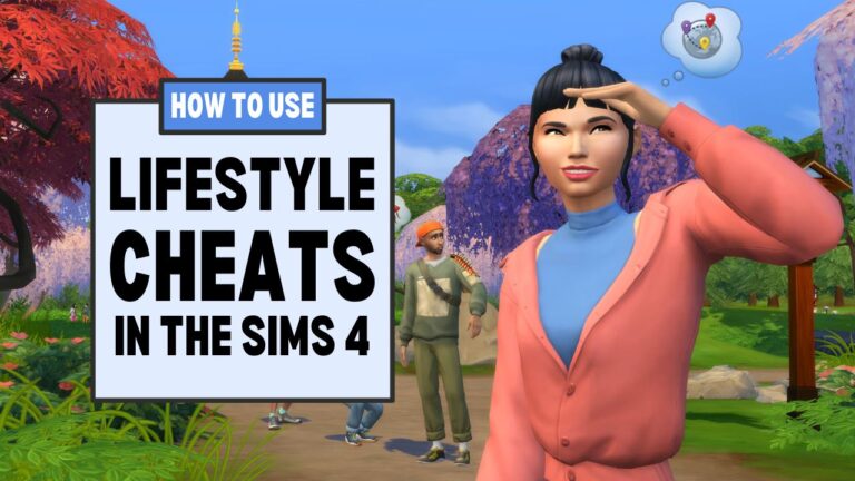 This image has a set of boxes on the left side with the text "how to use lifestyle cheats in the sims 4" on the right side is a sim in a park