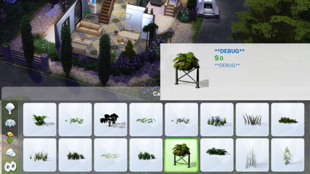 A screenshot from The Sims 4 showing a fence with plants in the debug menu 