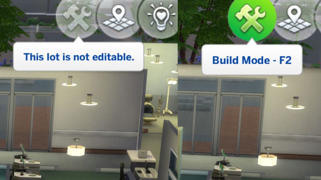 A screenshot from The Sims 4 showing the build icon before and after using the free build cheat 
