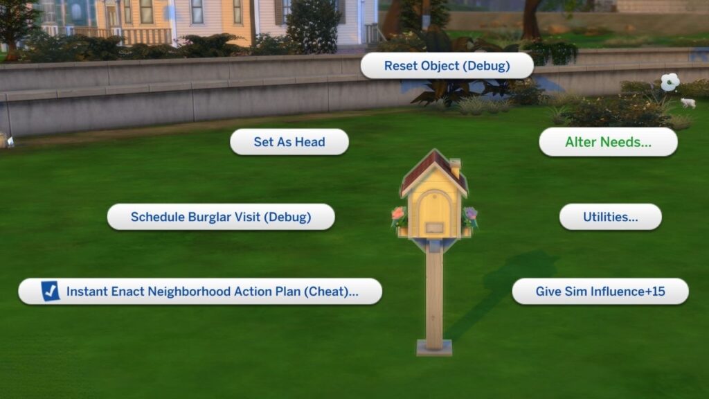 This image is a screenshot from The Sims 4 showing the menu for shift clicking on a mailbox 