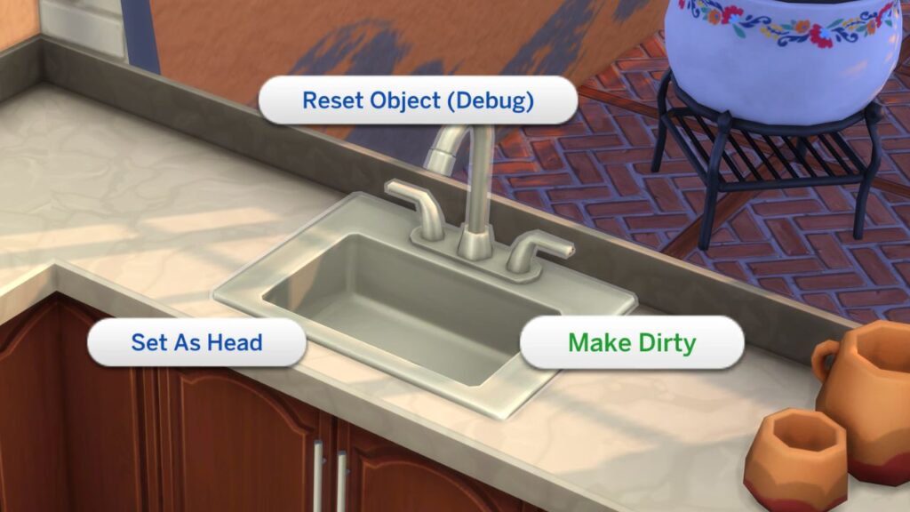 A screenshot from The Sims 4 showing the shift click cheats on a sink