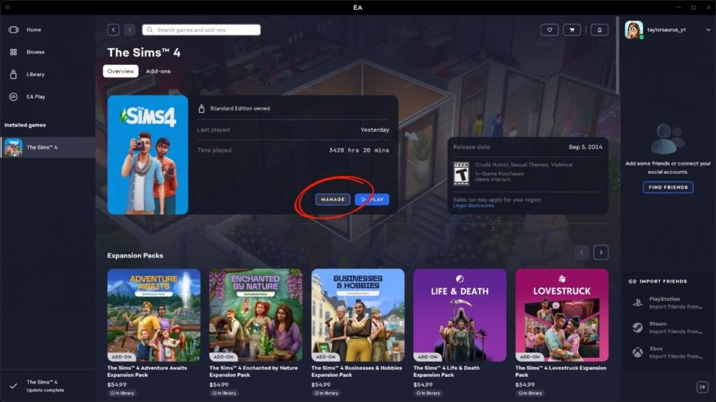 A screenshot from The Sims 4 showing where to find the Manage Properties menu in the EA APP 