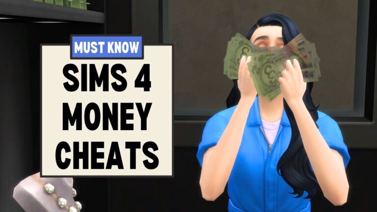 This image has a bunch of boxes on the left side and have text that say "must know sims 4 money cheats" and on the right side is a sim smelling a stack of money