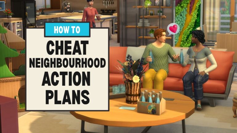 This image has a set of boxes on the left with text saying "how to cheat neighbourhood action plans" and beside that are two sims sitting on a couch drinking fizzy juice together