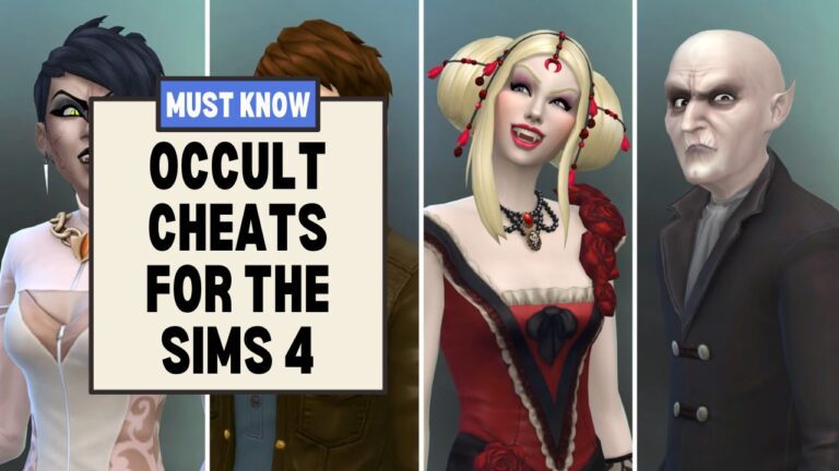 This image has a set of boxes on the left side with text reading "Must know occult cheats for the sims 4" and beside that are images of vampires