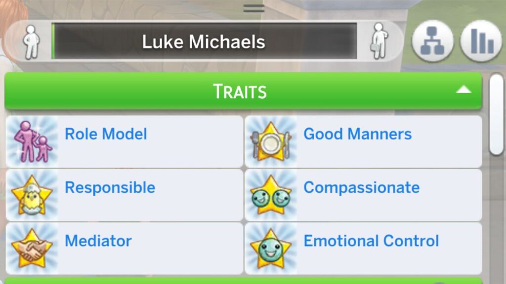 A screenshot from The Sims 4 showing a sim named Luke Michaels with a bunch of positive character values traits. 