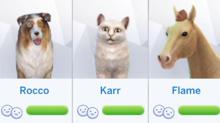 This image is a screenshot from The Sims 4 showing a sim's relationship panel with good relationships with a cat, dog and horse.