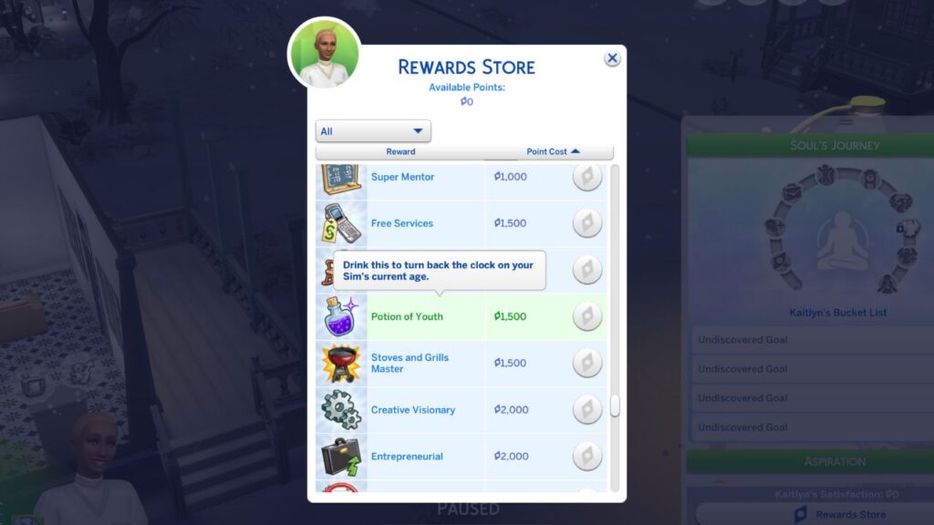 A screenshot from The Sims 4 showing the potion of youth in the rewards store for purchase 
