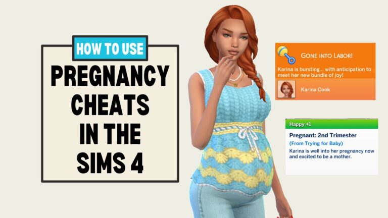 This image has a set of boxes on the left with text that says "how to use pregnancy cheats in the sims 4" and beside that is a pregnant sim posing with notifications and moodlets relating to pregnancy next to them