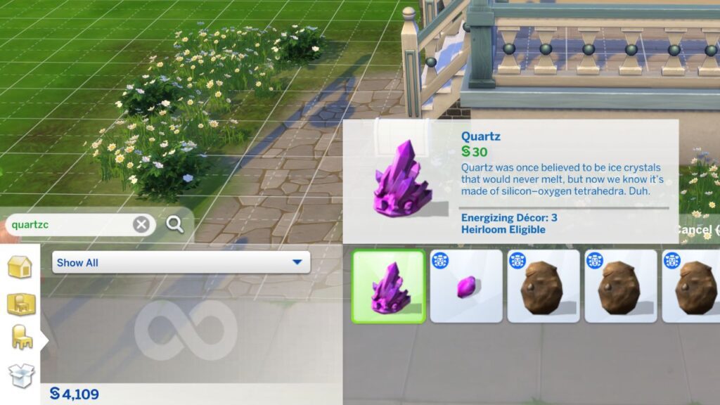 A screenshot from The Sims 4 showing a quartz being searched in build mode from the debug cheats