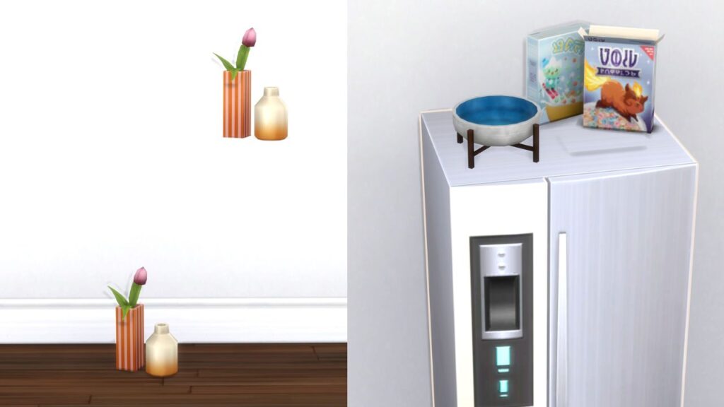 A screenshot from The Sims 4 showing items raised on top of a fridge to decorate  