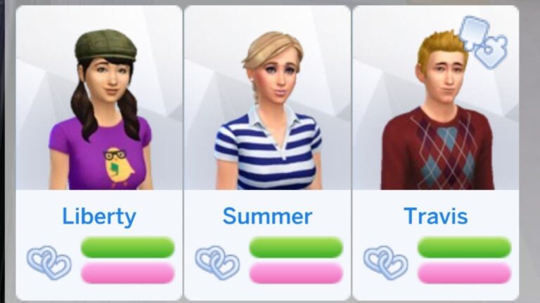 This image is a screenshot from The Sims 4. The image shows a sim's relationship panel showing them with full romance and friendship with three sims from cheats.