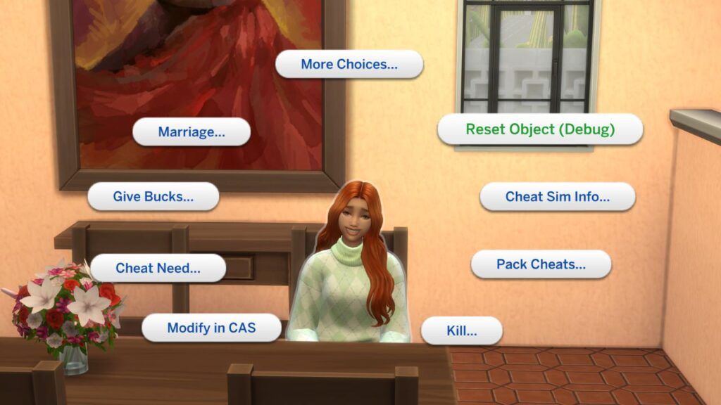 This is a screenshot from The Sims 4 showing a sim sitting at a table. The menu is open with Reset Object (Debug) highlighted 