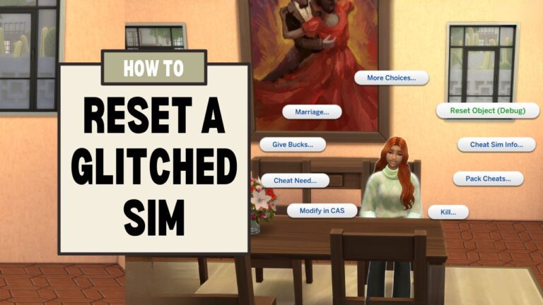 This image has a set of boxes on the left side that say "how to reset a glitched sim" and on the right is a sim sitting with a menu opened and reset object (Debug) highlighted