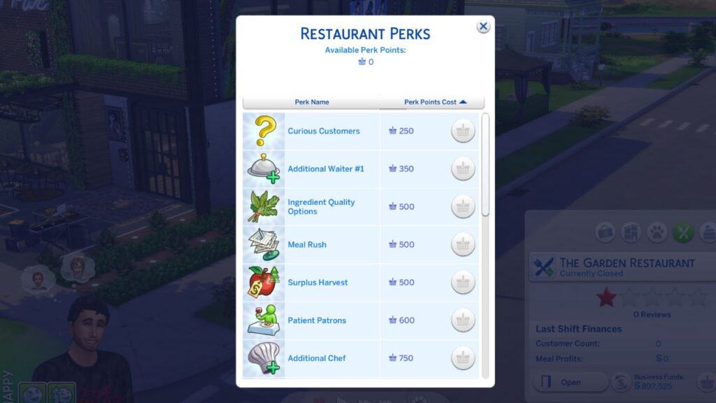 A screenshot from The Sims 4 showing the restaurant perks menu with perks purchased 