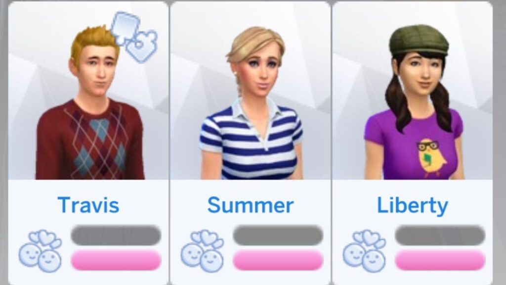 This image is a screenshot from The Sims 4. It shows a sim's relationship panel with 0 friendship but full romance with three different sims.