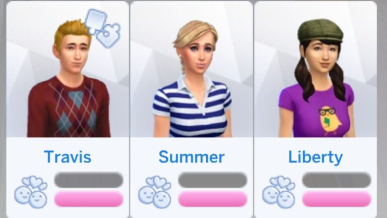 This image is a screenshot from The Sims 4. It shows a sim's relationship panel with 0 friendship but full romance with three different sims.