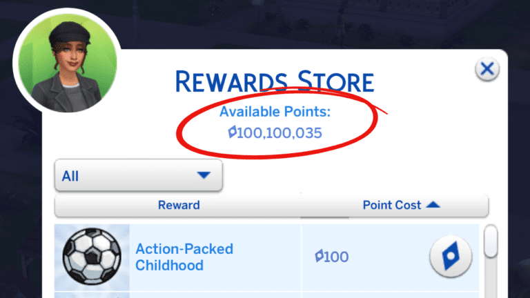 A screenshot from The Sims 4 showing a sim's reward store where they have over 100,000,000 satisfaction points because of cheats