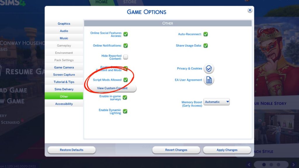 A screenshot from The Sims 4 showing how to enable script mods 
