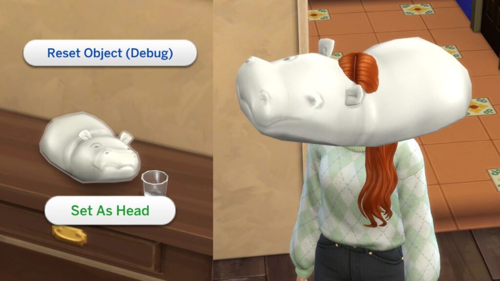 A screenshot from The Sims 4 showing a sim with a hippo as their head