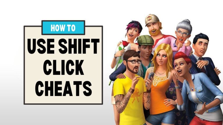 This image has a set of boxes on the left side that say "how to use shift click cheats" and beside that is a group of sims