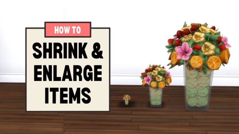 This image has a set of boxes on the left with text that says "how to shrink & enlarge items" and beside that is the same plant three times in different sizes.