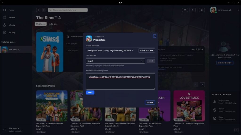 A screenshot from The Sims 4 showing how to disable packs in the manage properties menu in the EA APP 