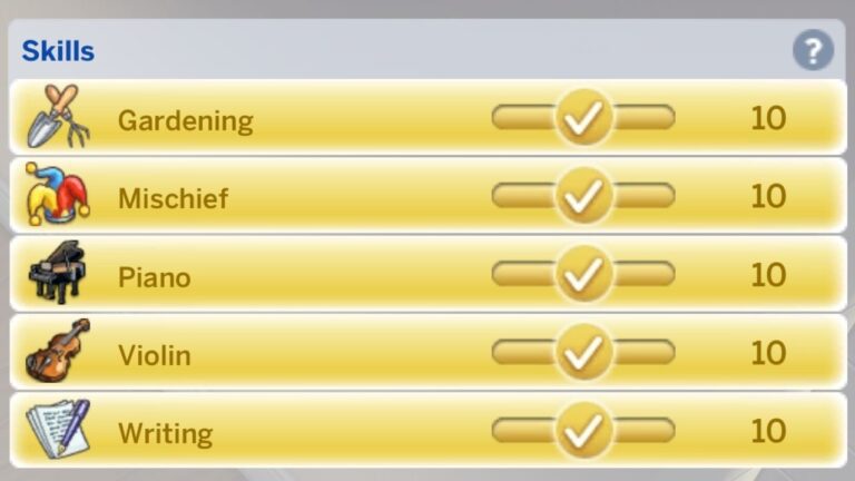 This image is a screenshot from The Sims 4 showing a sim with five maxed skills from cheats