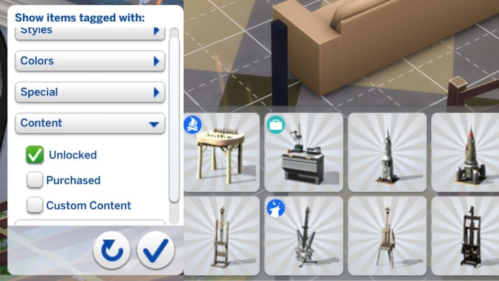 A screenshot from The Sims 4 showing how to sort by unlocked items 