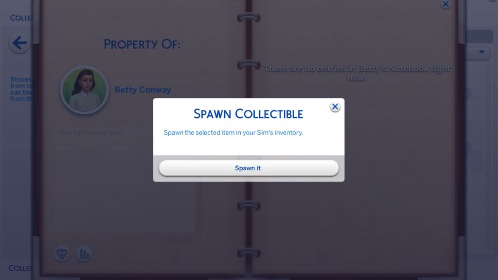 A screenshot from The Sims 4 showing how to spawn collectibles with ui cheats 