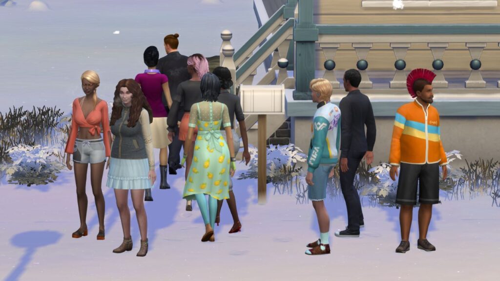 A screenshot from The Sims 4 showing a group of 10 sims who have been summoned by cheats 