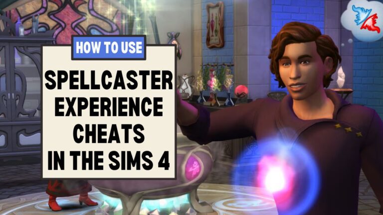 This image has a set of boxes on the left side with the text "how to use spellcaster experience cheats in the sims 4" and on the right is a sim with a magical mote in front of them.