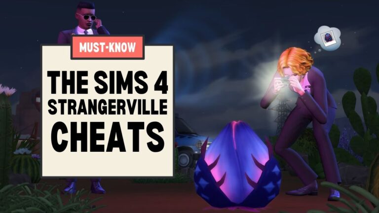 This image has a set of boxes on the left side with the text "must know the sims 4 strangerville cheats" and on the right side is an FBI Agent taking a picture of strange plants