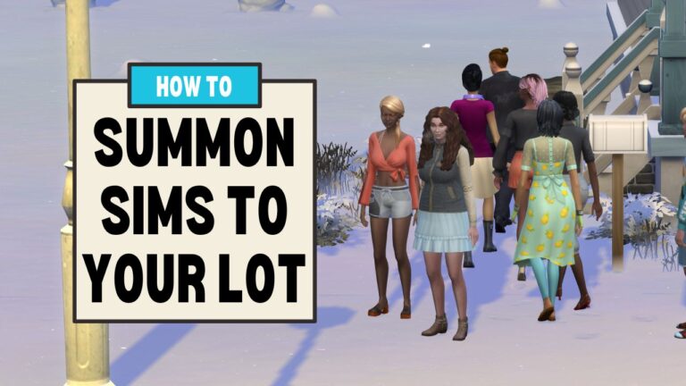 This image has a set of boxes on the left with text that says "how to summon sims to your lot" and beside that is a group of sim s standing near a mailbox