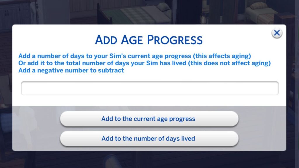 A screenshot from The Sims 4 showing the add age progress menu for ui cheats  