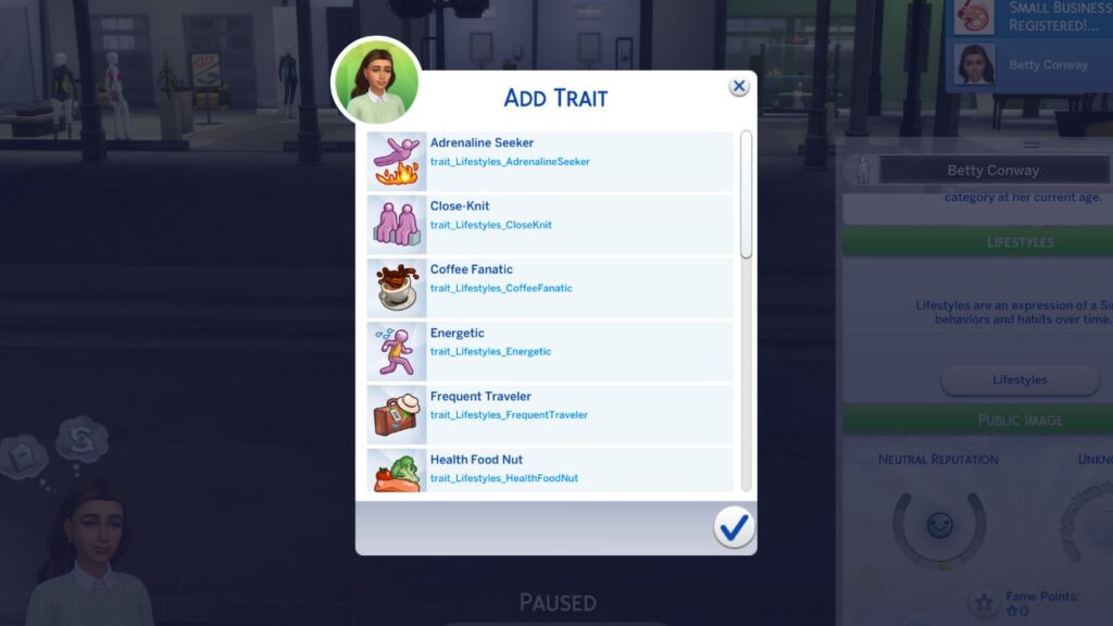 A screenshot from The Sims 4 showing how to add lifestyles to a sim with ui cheats 