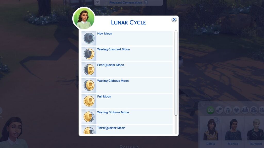 A screenshot from The Sims 4 showing the menu for the lunar cycle for UI Cheats 