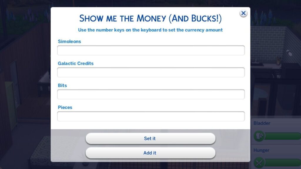 A screenshot from The Sims 4 showing the menu to cheat money with UI Cheats