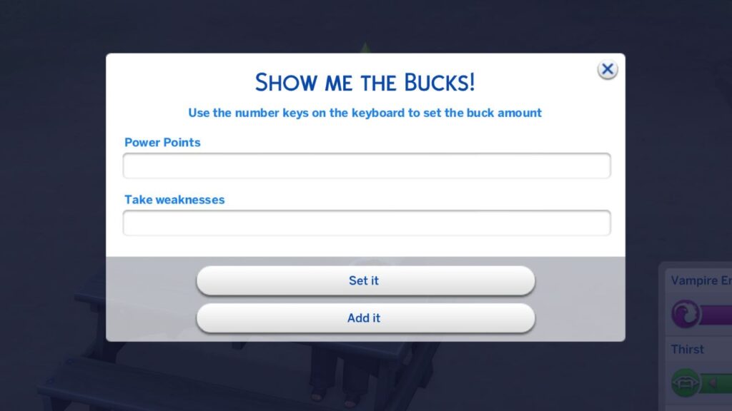 A screenshot from The Sims 4 showing how to add power points to occults with UI Cheats 