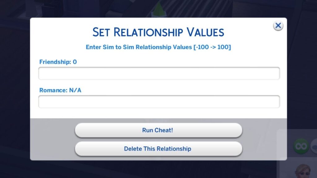 This image is a screenshot from The Sims 4 showing the UI Cheats Menu to Set Relationship Values for friendship and romance