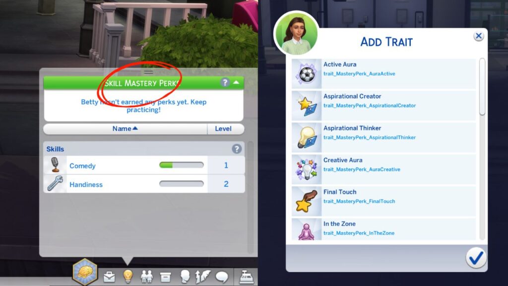 A screenshot from The Sims 4 showing how to add skill mastery perks with ui cheats 