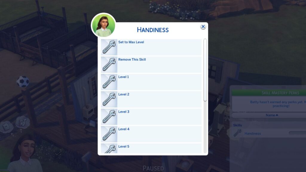 A screenshot from The Sims 4 showing the menu to cheat skills 