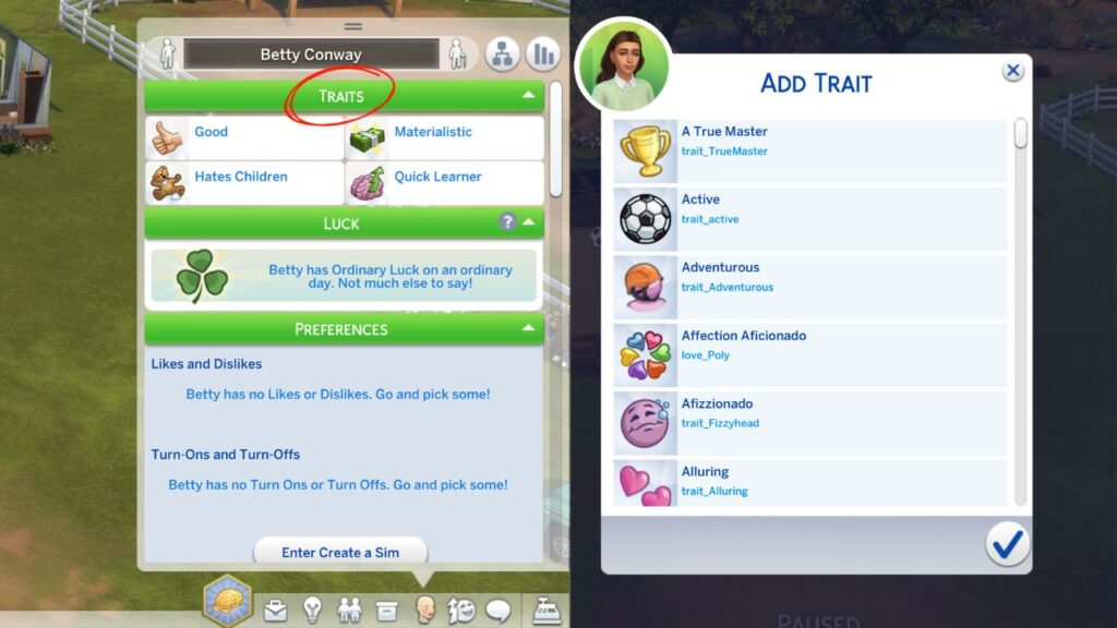 A screenshot from The Sims 4 showing how to right click to add traits with UI Cheats 