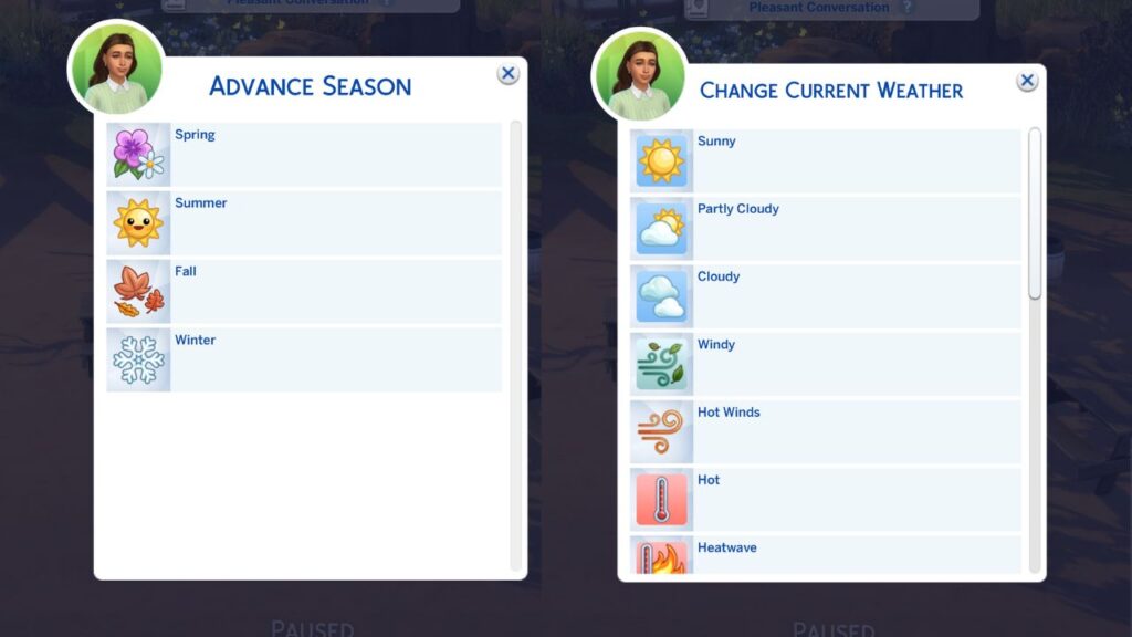 A screenshot from The Sims 4 showing the menus to advance season and change weather for ui cheats 