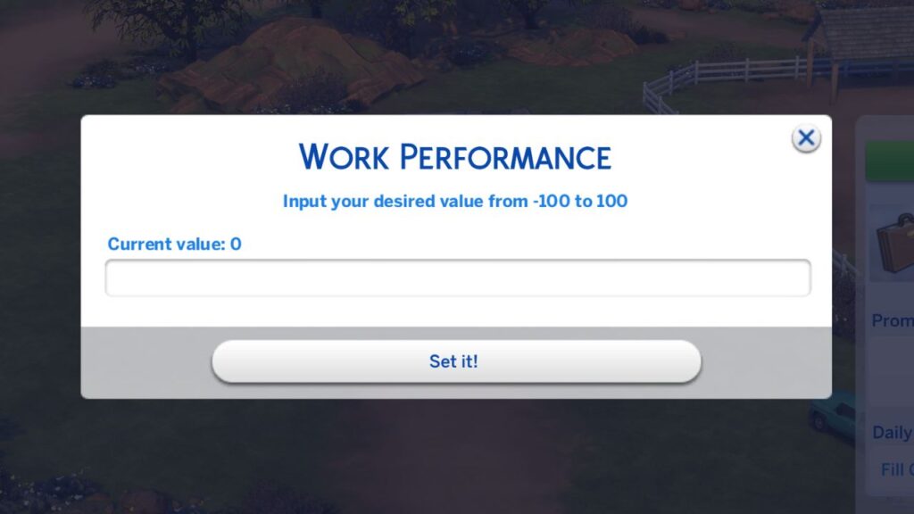 A screenshot from The Sims 4 showing the work performance cheat menu in ui cheats 