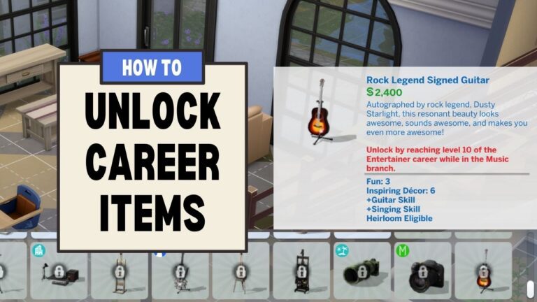 This image has a set of boxes on the left side with text that says "how to unlock career items" and beside that is a locked signed guitar in build mode