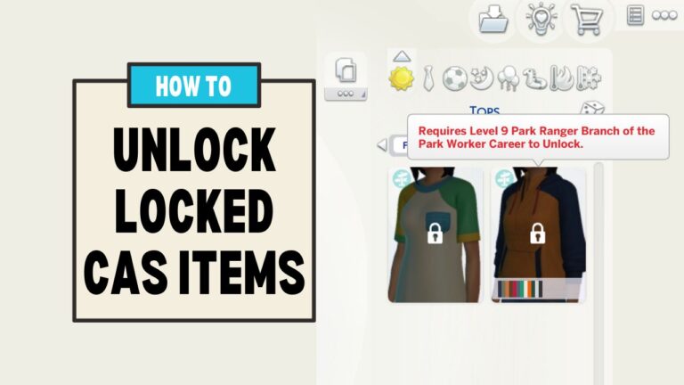 This image has a set of boxes on the left side that say "how to unlock locked CAS items" and on the right are two shirts behind locks