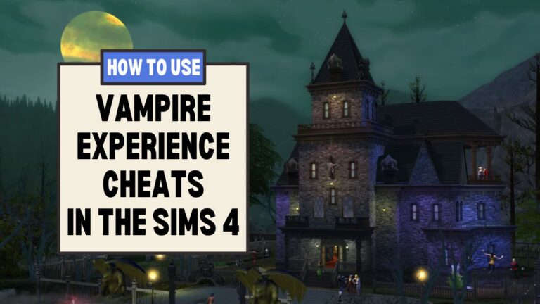 This image has a set of boxes on the left with text that says "how to use vampire experience cheats in the sims 4" and beside that is Vlad's scary vampire house